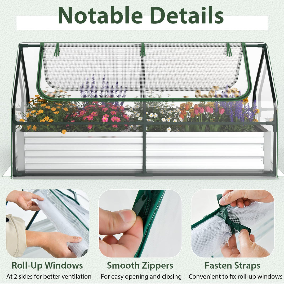 6FT x 3FT x 3FT Galvanized Bottomless Raised Garden Bed with Greenhouse, Dual 2-Tier Roll-Up Windows - Product image 8