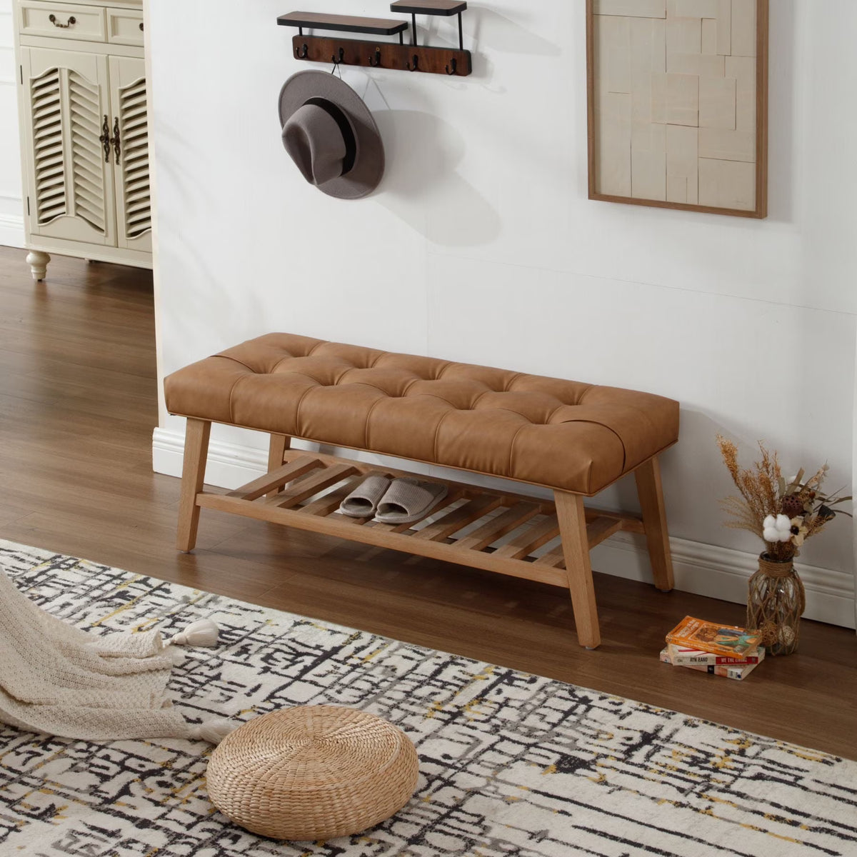 Dayalane Upholstered Storage Bench with Shoe Rack, Linen Fabric Entryway Bench for Living Room - Product image 5