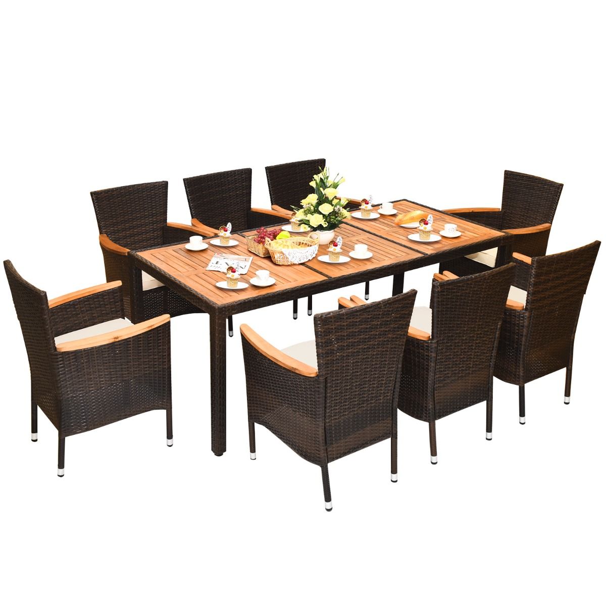 9 Piece Rattan Garden Furniture Set for 8 People Acacia Table Top Dining Room Set with Removable Cushions Load 160KG -