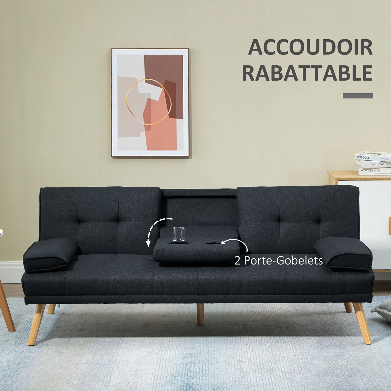 HOMCOM 3-Seater Convertible Sofa Scandinavian Design Tilt Adjustable Backrest 3 Levels Folding Central Backrest 2 Glass Holders Solid Wood Gray Linen