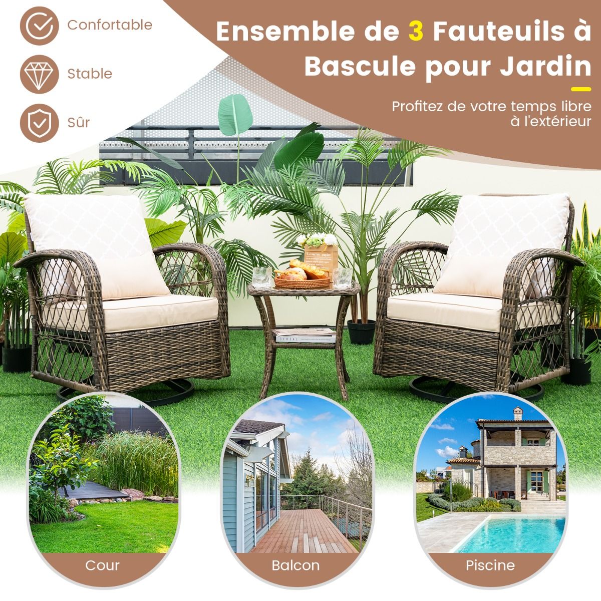 Outdoor Garden Furniture 3PCS - 2 in 360° Swivel Rocking Chairs PE Rattan Metal Frame for Terrace Balcony -
