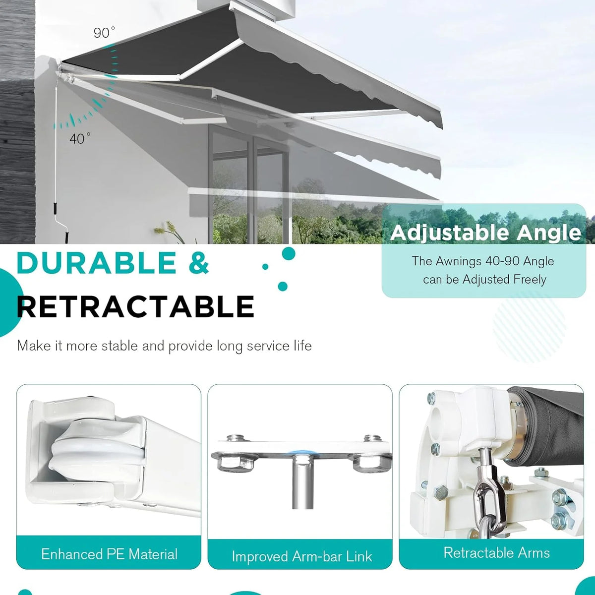 AECOJOY 14'x10' Manual Retractable Awning Sun Shade, Patio Awning Canopy - Product image 3