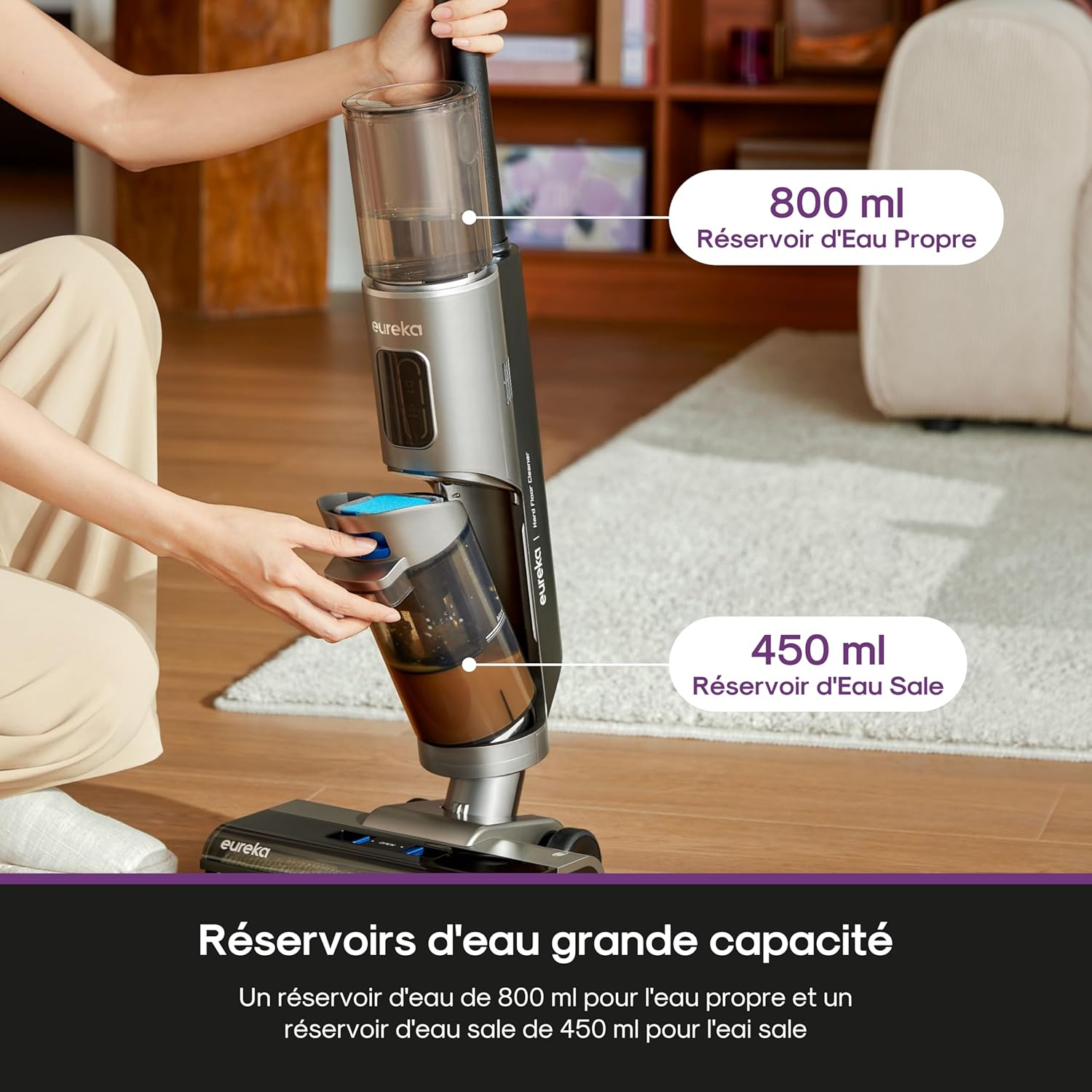 Eureka Rapidwash NEW430 Cordless Vacuum Mop, 15000Pa, 0.8L/0.45L Double Tank for Hard Floors and Pet Hair, with Voice Navigation, Self Cleaning and Drying