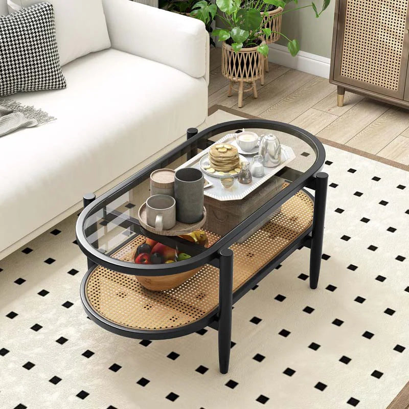 2-Tier Oval Boho Coffee Table with Tempered Glass Top, Rattan Shelf & Acacia Wood Frame - Product image 13