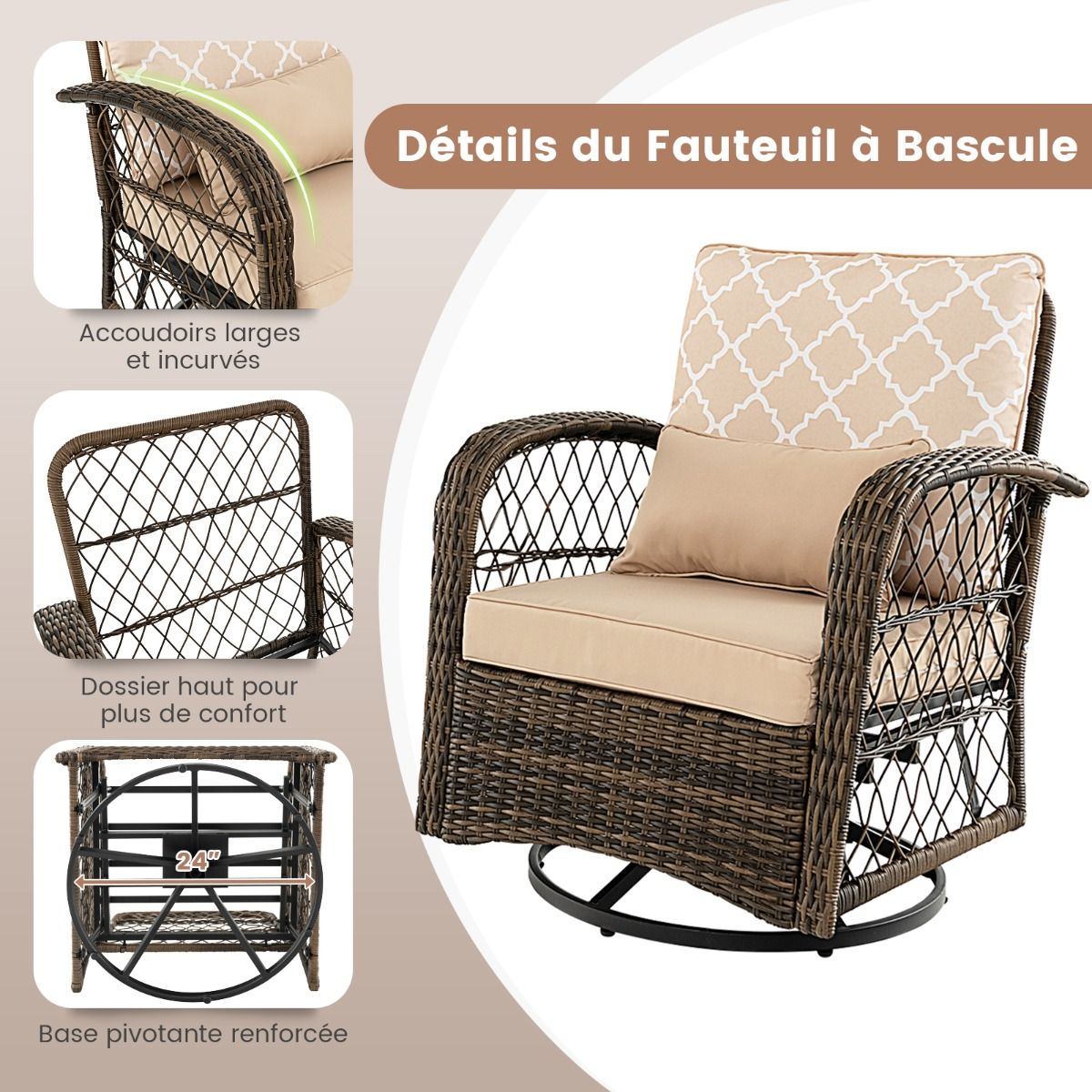 Outdoor Garden Furniture 3PCS - 2 in 360° Swivel Rocking Chairs PE Rattan Metal Frame for Terrace Balcony -