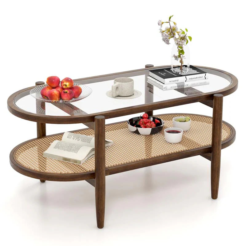 2-Tier Oval Boho Coffee Table with Tempered Glass Top, Rattan Shelf & Acacia Wood Frame - Product image 2