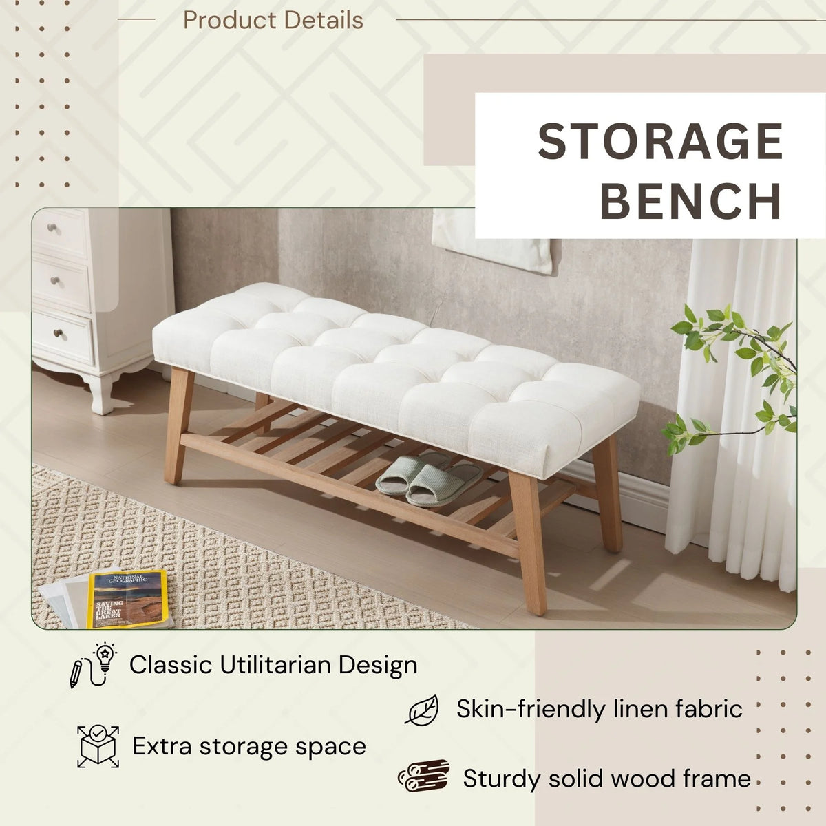 Dayalane Upholstered Storage Bench with Shoe Rack, Linen Fabric Entryway Bench for Living Room - Product image 4