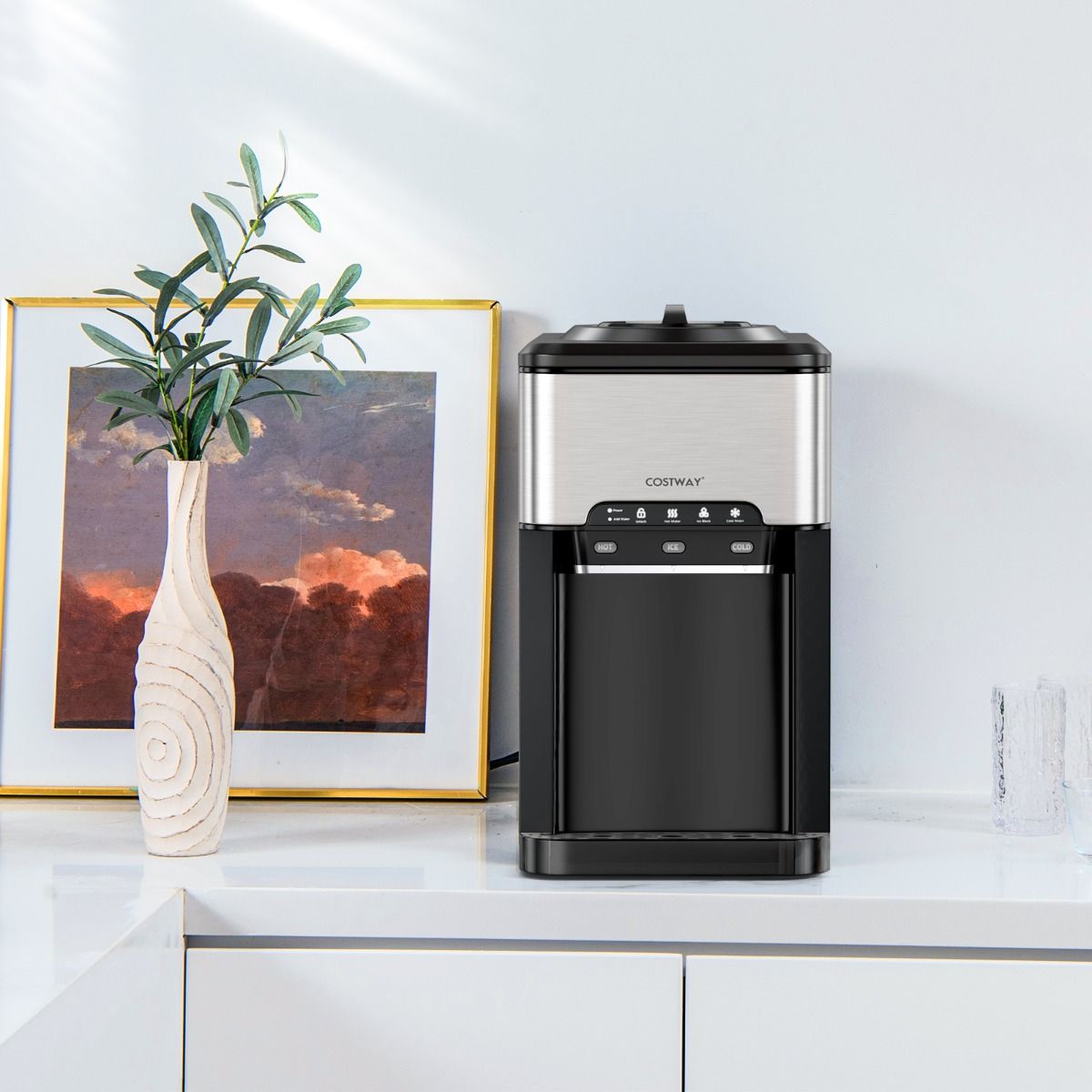 3 in 1 Ice Cube Machine with Cold/Hot Water Dispenser 20 kg in 24 hours Ice Cube 6-13 min for Home Office Bar -