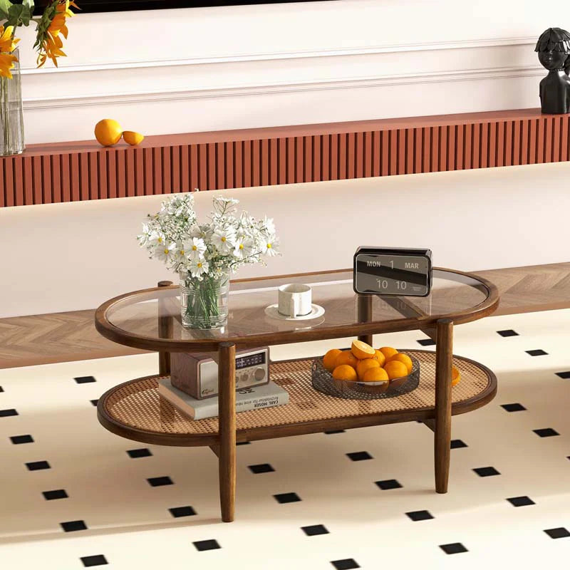 2-Tier Oval Boho Coffee Table with Tempered Glass Top, Rattan Shelf & Acacia Wood Frame - Product image 3