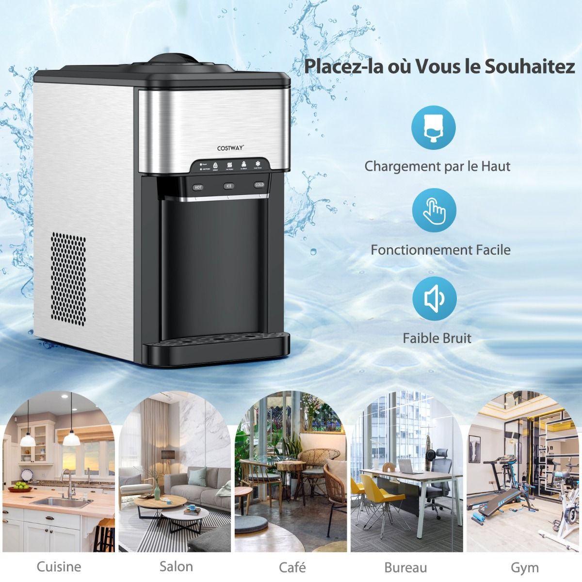 3 in 1 Ice Cube Machine with Cold/Hot Water Dispenser 20 kg in 24 hours Ice Cube 6-13 min for Home Office Bar -