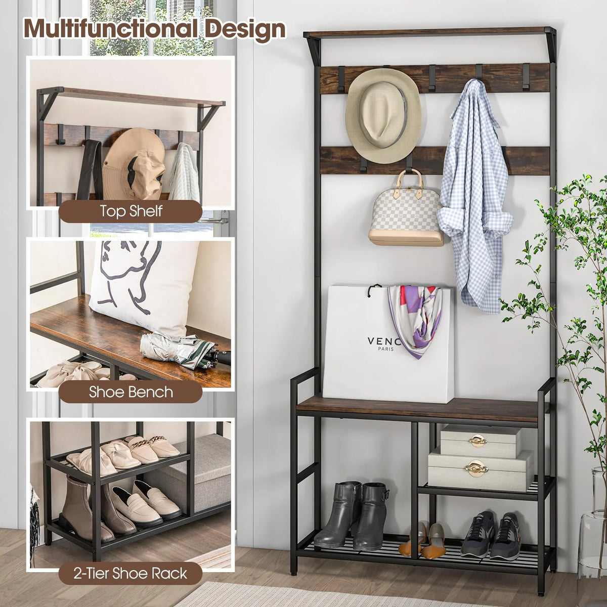 Tangkula Hall Tree with Bench and Shoe Storage, 3-in-1 Industrial Entryway Bench with Coat Rack - Product image 8