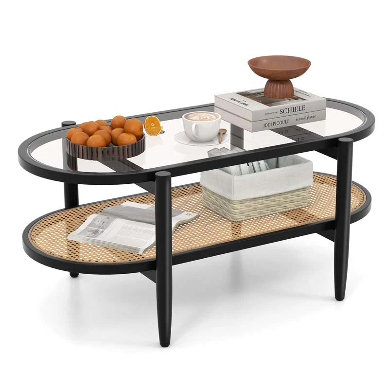 2-Tier Oval Boho Coffee Table with Tempered Glass Top, Rattan Shelf & Acacia Wood Frame - Product image 10