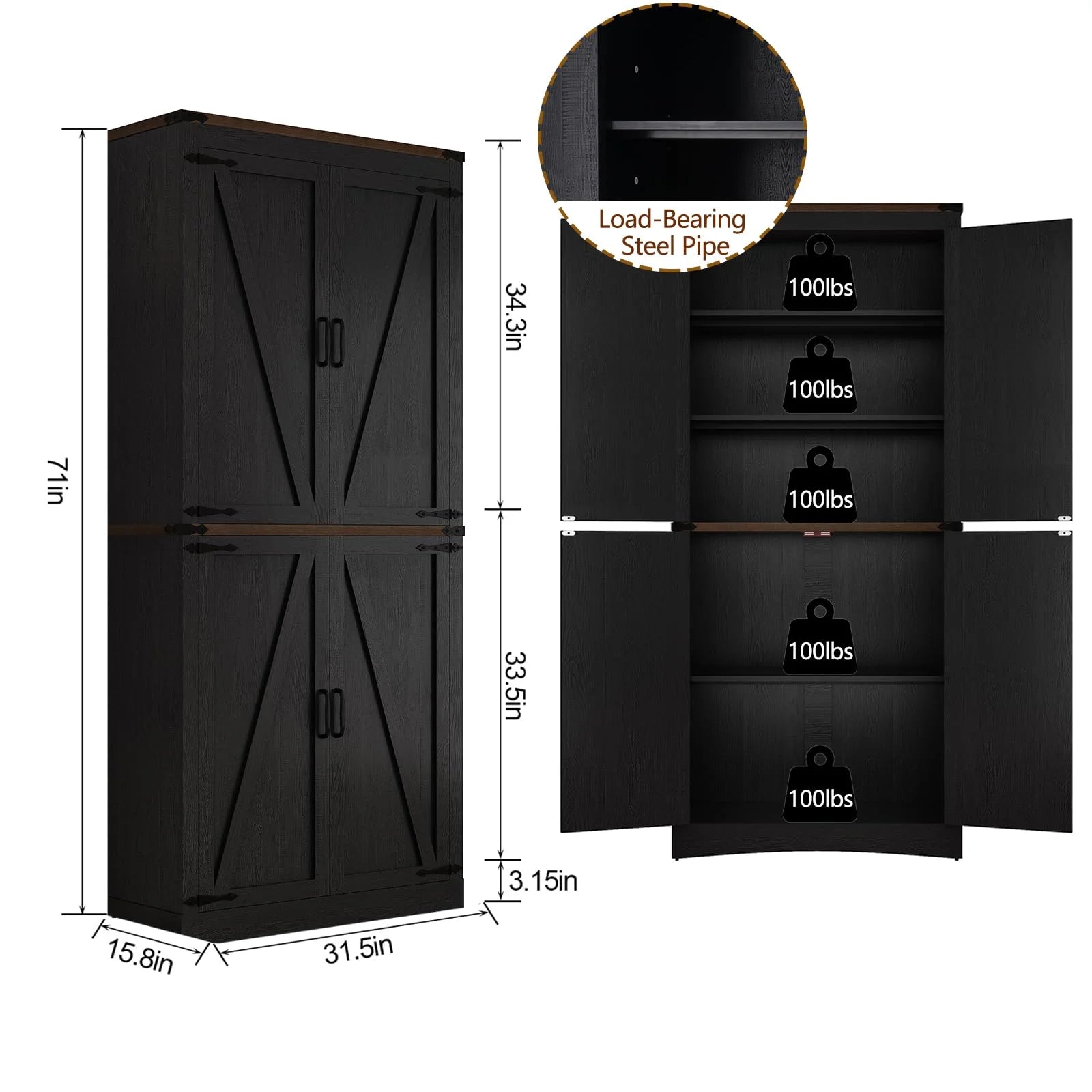 71" Tall Farmhouse Kitchen Pantry Cabinet, 5 Layers Storage Cabinet with Adjustable Shelves - Product image 42
