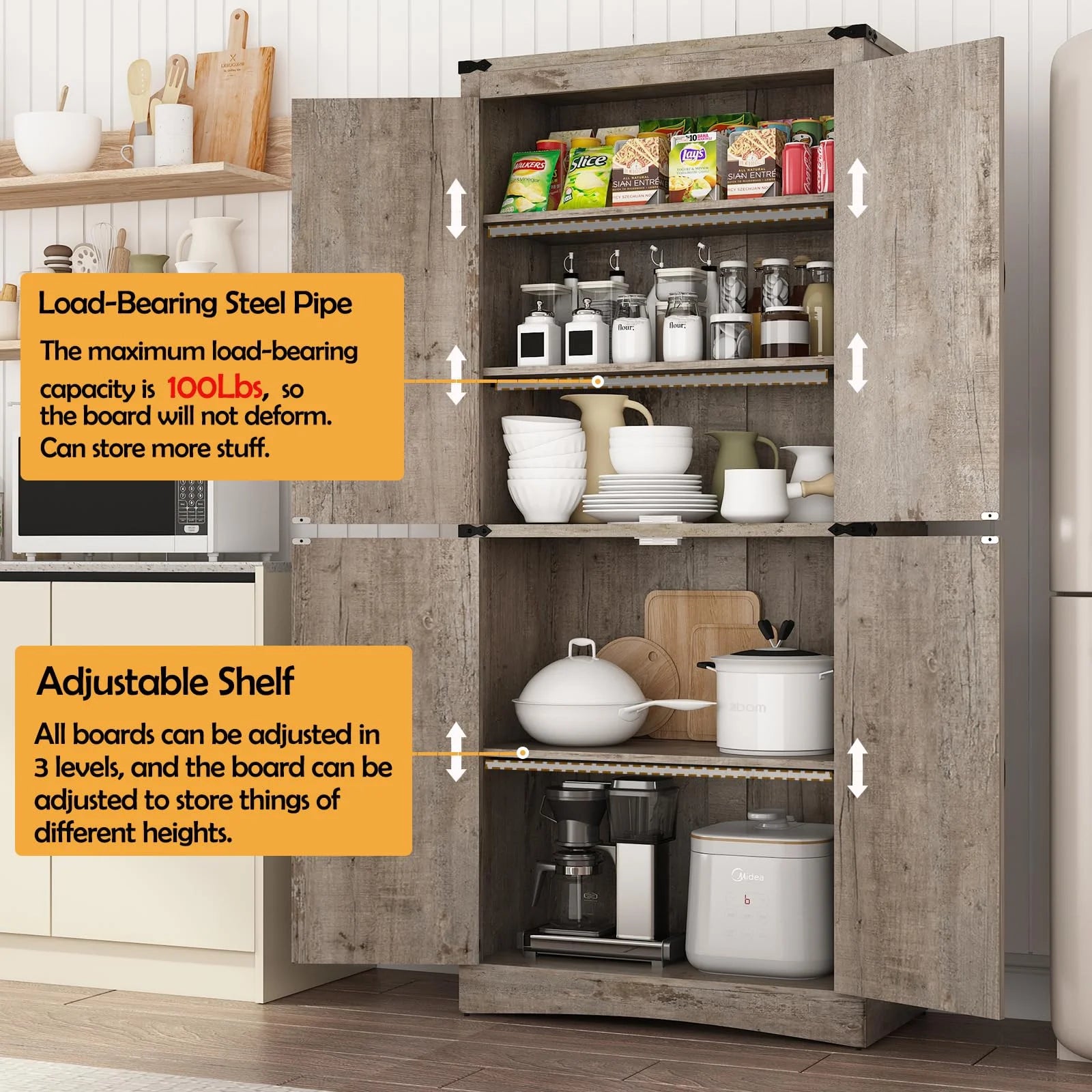71" Tall Farmhouse Kitchen Pantry Cabinet, 5 Layers Storage Cabinet with Adjustable Shelves - Product image 36