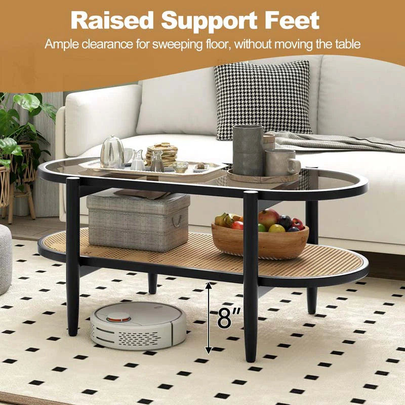 2-Tier Oval Boho Coffee Table with Tempered Glass Top, Rattan Shelf & Acacia Wood Frame - Product image 17