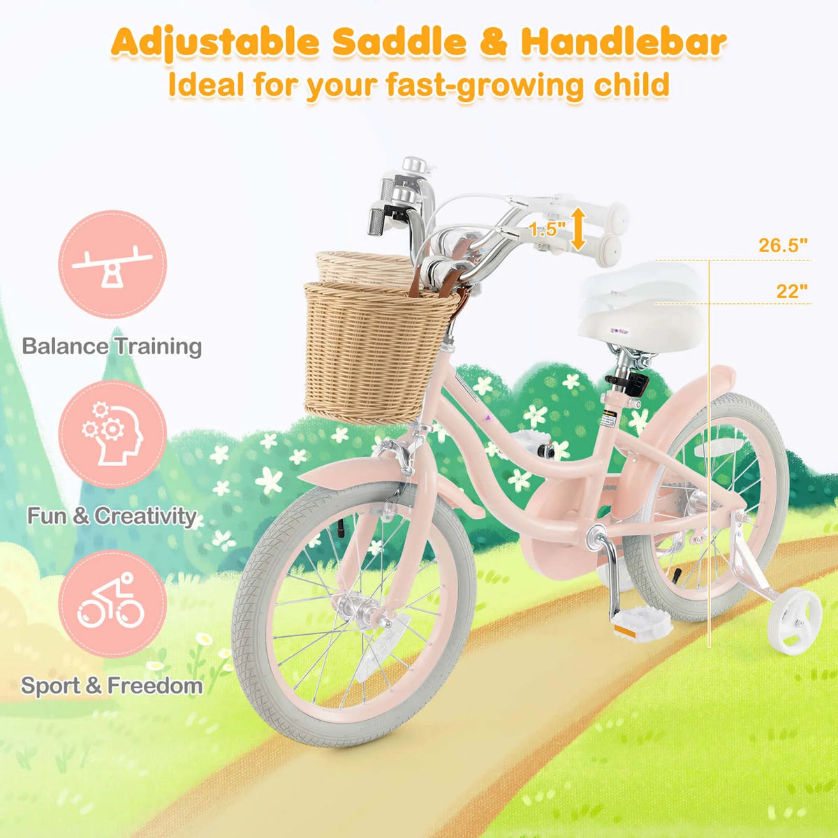 Prorider 16" Kid'S Bike with Training Wheels Adjustable Handlebar Seat Handbrake Pink - Product image 6