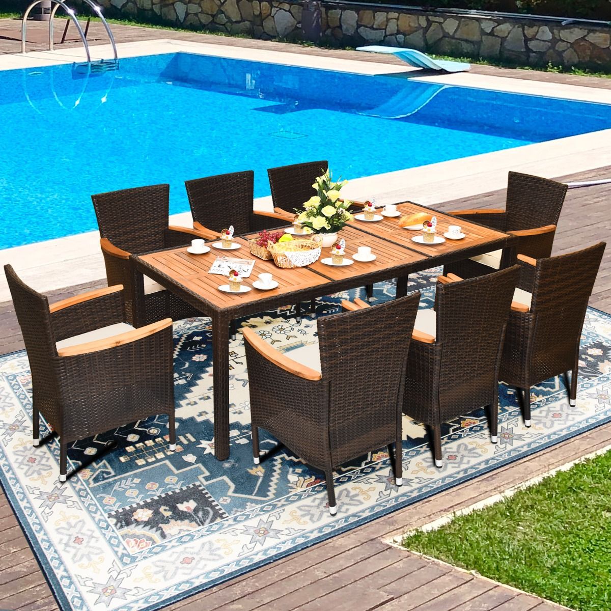 9 Piece Rattan Garden Furniture Set for 8 People Acacia Table Top Dining Room Set with Removable Cushions Load 160KG -