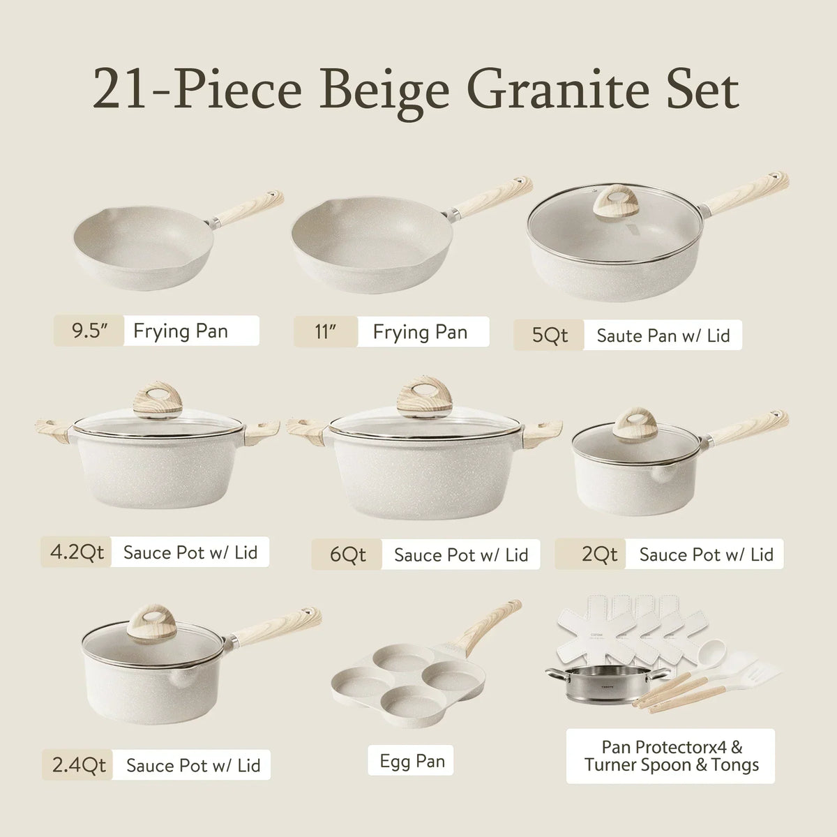 Non Stick Pots and Pans Set. 21 Pcs Induction Kitchen Cookware Sets (Beige Granite) - Product image 3