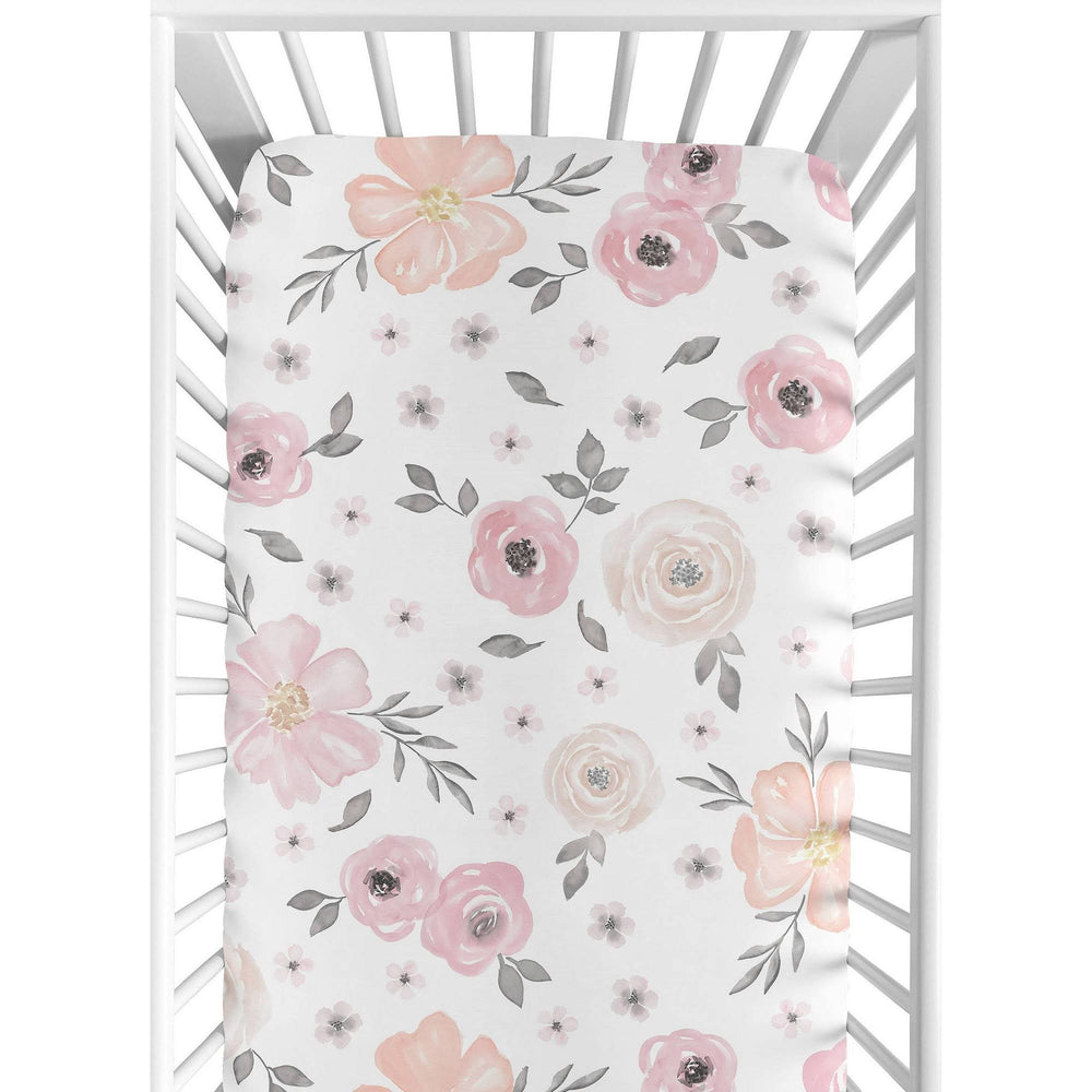 Sweet Jojo Designs Blush Pink, Grey and White Baby or Toddler Fitted Crib Sheet for Watercolor Floral Collection