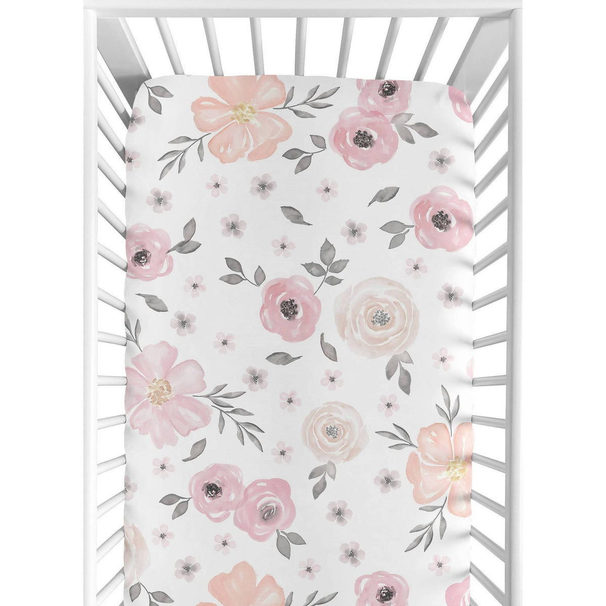 Sweet Jojo Designs Blush Pink, Grey and White Baby or Toddler Fitted Crib Sheet for Watercolor Floral - Product image 1
