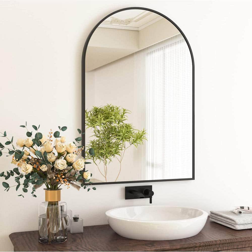 XRAMFY 24 in. W x 36 in. H Arched Black Aluminum Alloy Framed Wall Mirror - Product image 1