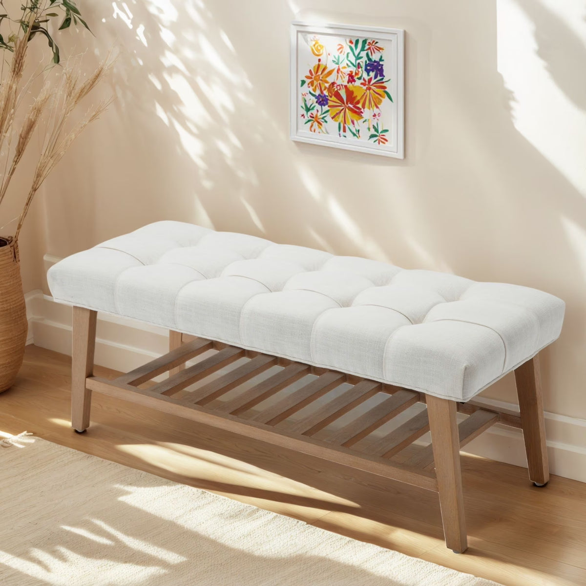 Dayalane Upholstered Storage Bench with Shoe Rack, Linen Fabric Entryway Bench for Living Room - Product image 1