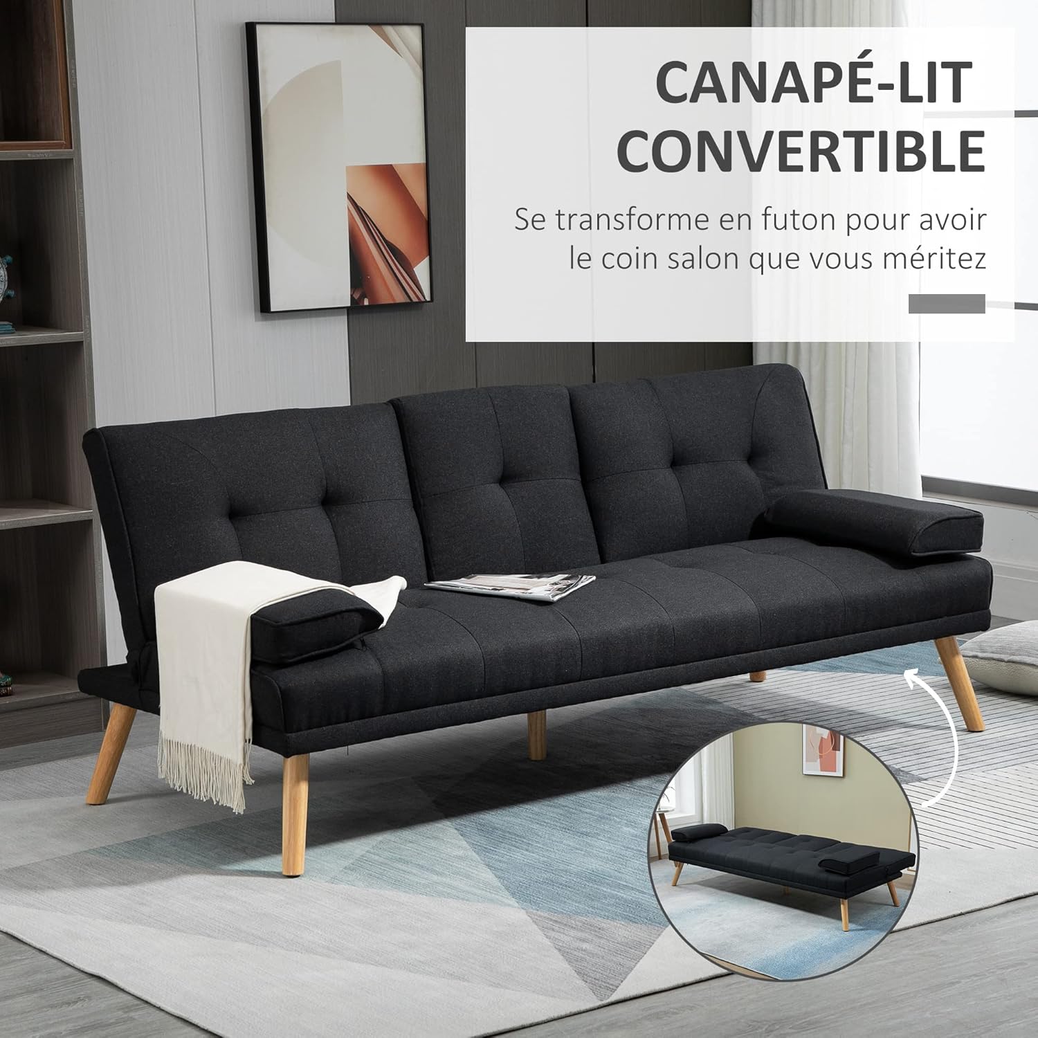 HOMCOM 3-Seater Convertible Sofa Scandinavian Design Tilt Adjustable Backrest 3 Levels Folding Central Backrest 2 Glass Holders Solid Wood Gray Linen