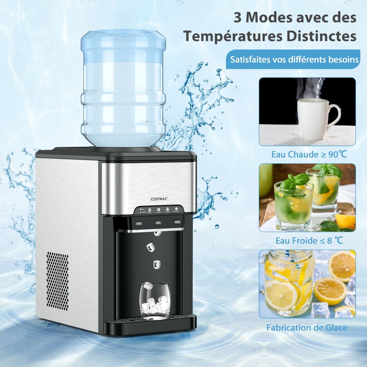 3 in 1 Ice Cube Machine with Cold/Hot Water Dispenser 20 kg in 24 hours Ice Cube 6-13 min for Home Office Bar -