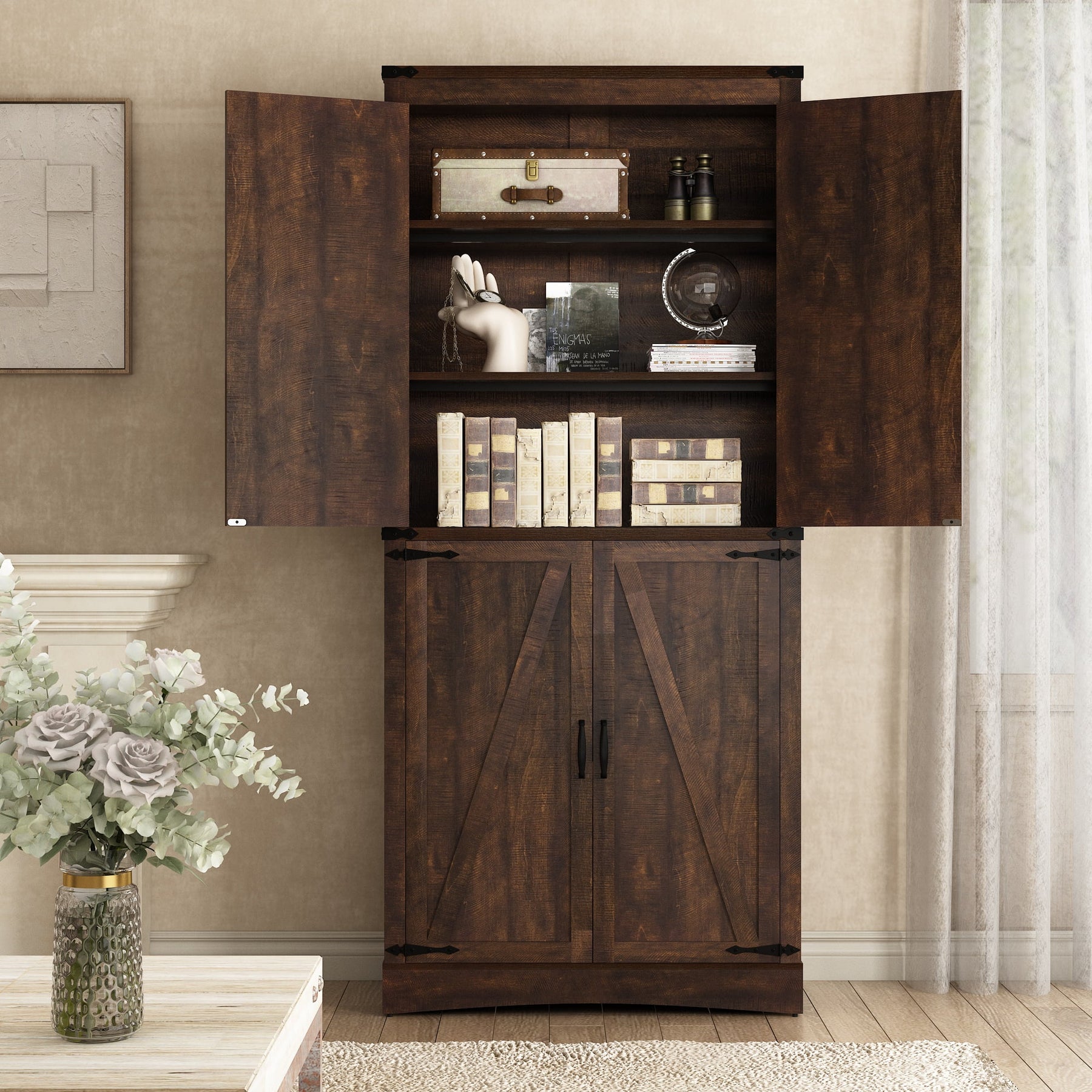 71" Tall Farmhouse Kitchen Pantry Cabinet, 5 Layers Storage Cabinet with Adjustable Shelves - Product image 70