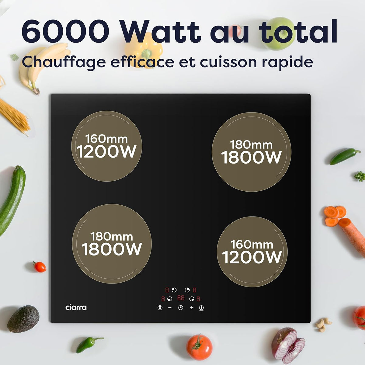 Ciarra Induction Hob - 4 Burners - 6000W - Built-in Hob - Touch Control - 9 Levels - CABBIH4-E