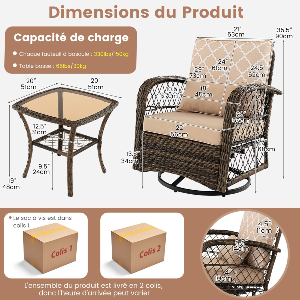 Outdoor Garden Furniture 3PCS - 2 in 360° Swivel Rocking Chairs PE Rattan Metal Frame for Terrace Balcony -