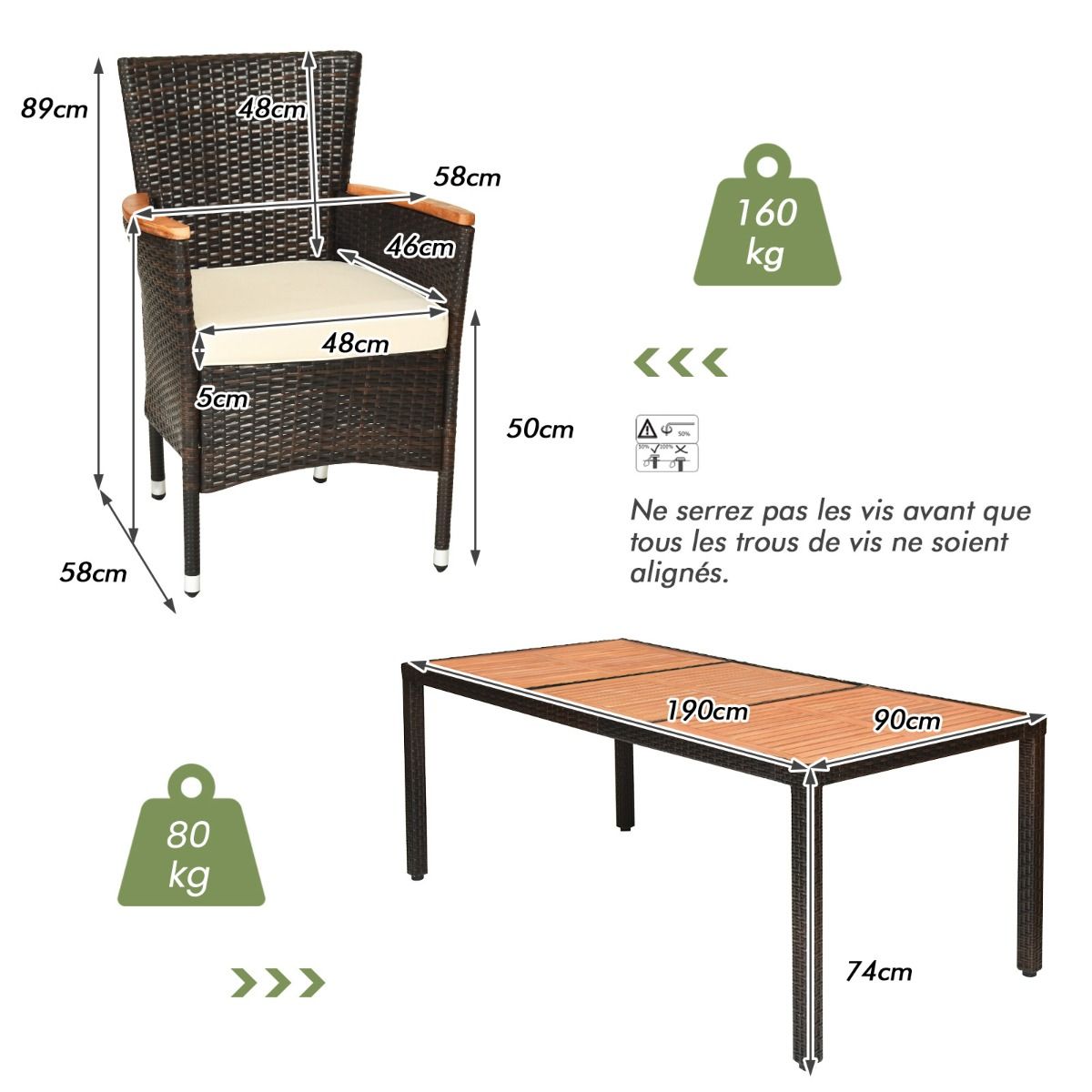 9 Piece Rattan Garden Furniture Set for 8 People Acacia Table Top Dining Room Set with Removable Cushions Load 160KG -