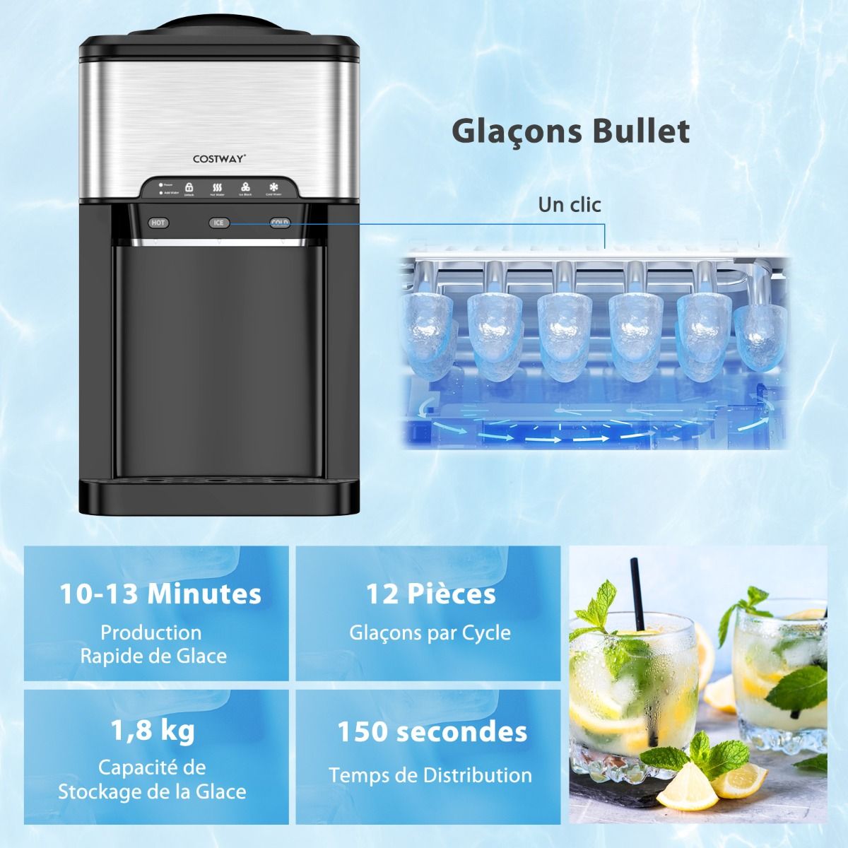 3 in 1 Ice Cube Machine with Cold/Hot Water Dispenser 20 kg in 24 hours Ice Cube 6-13 min for Home Office Bar -