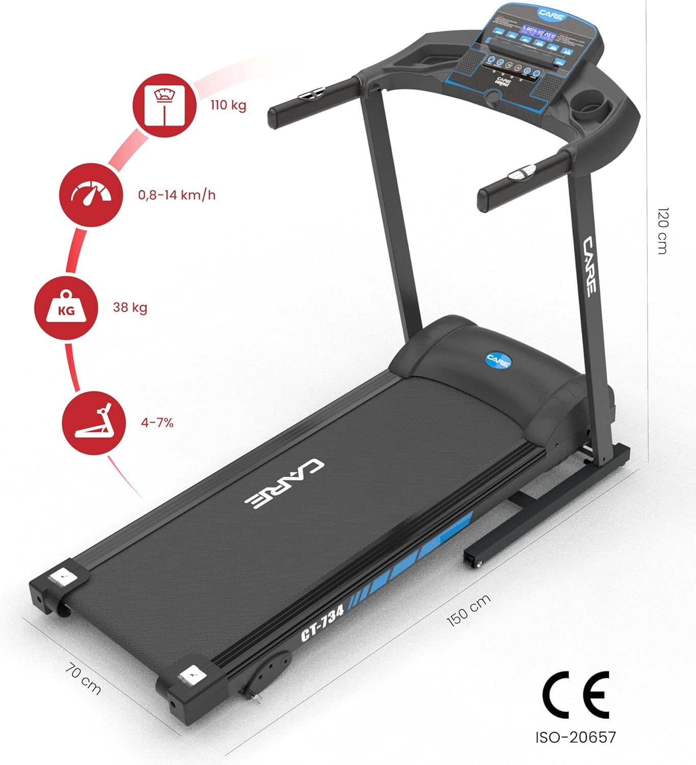 Care Fitness - Connected Treadmill - Foldable - Maximum speed 14 Km/h - Inclinable and Foldable Electric Treadmill - 12 training programs - 3 inclines
