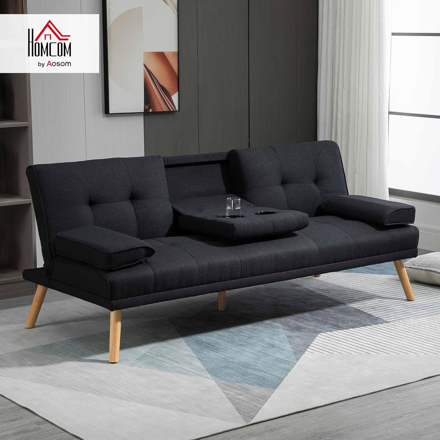 HOMCOM 3-Seater Convertible Sofa Scandinavian Design Tilt Adjustable Backrest 3 Levels Folding Central Backrest 2 Glass Holders Solid Wood Gray Linen