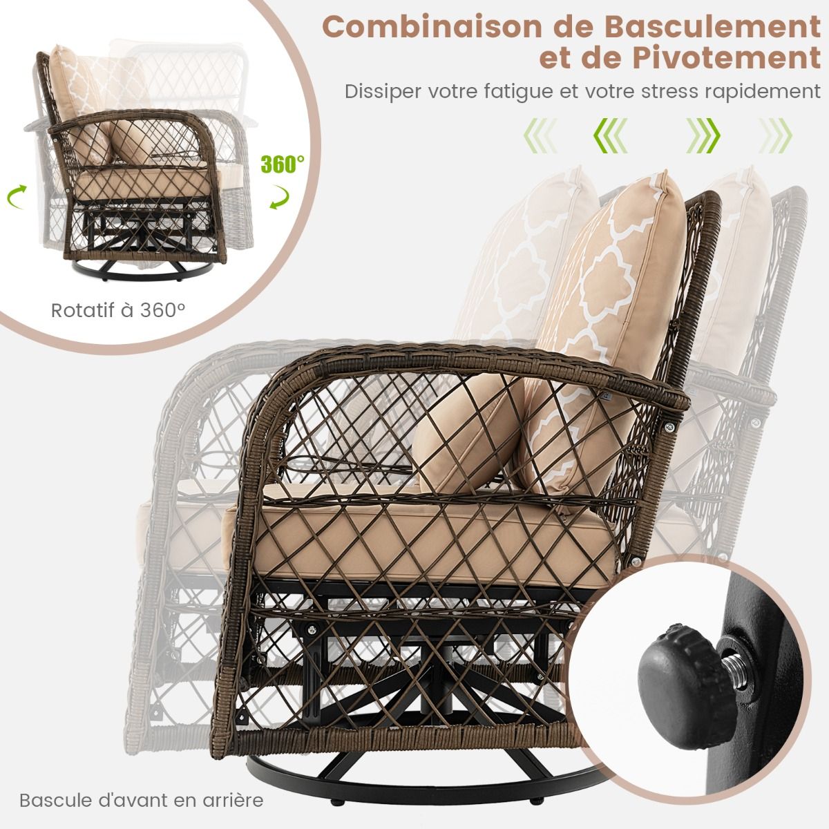 Outdoor Garden Furniture 3PCS - 2 in 360° Swivel Rocking Chairs PE Rattan Metal Frame for Terrace Balcony -