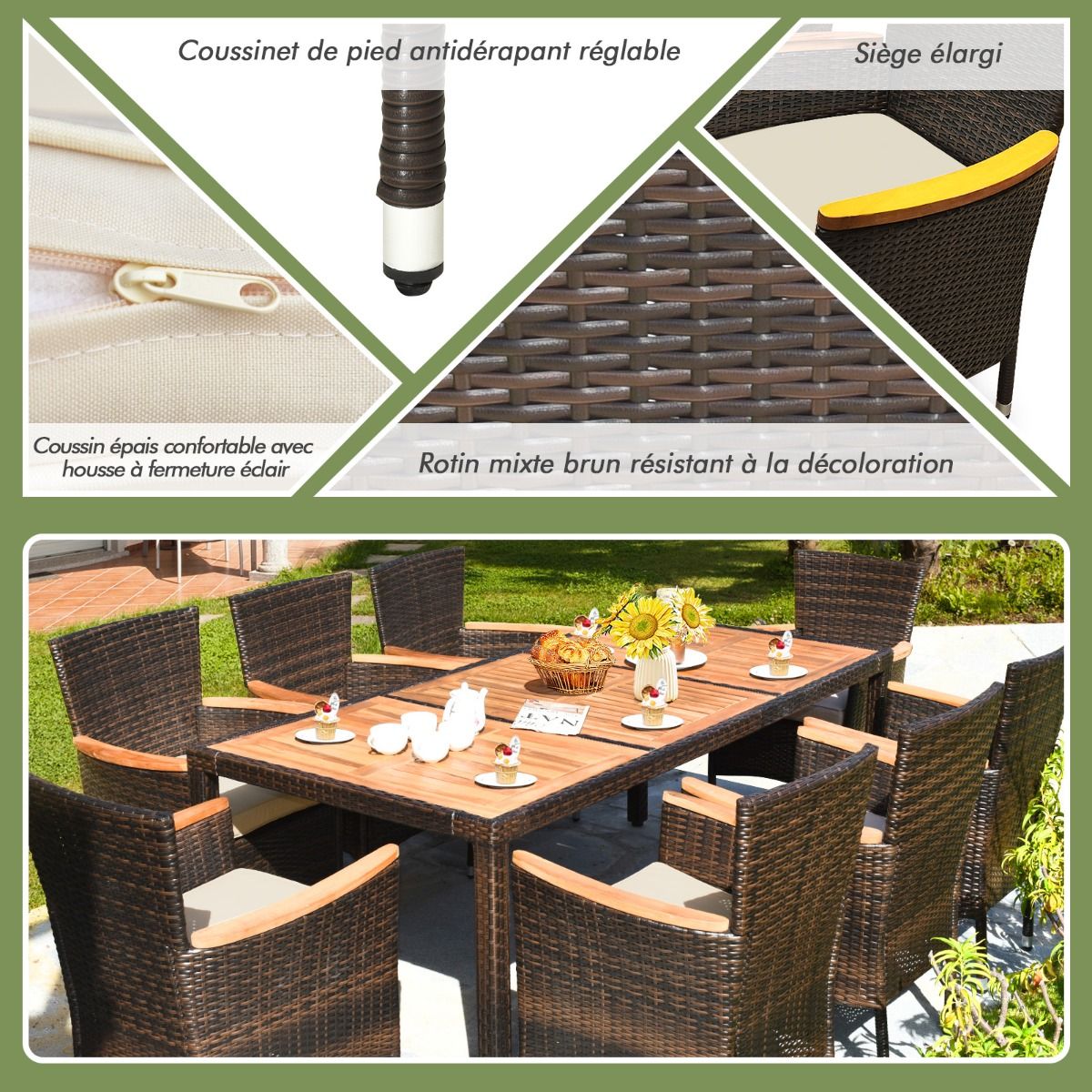 9 Piece Rattan Garden Furniture Set for 8 People Acacia Table Top Dining Room Set with Removable Cushions Load 160KG -