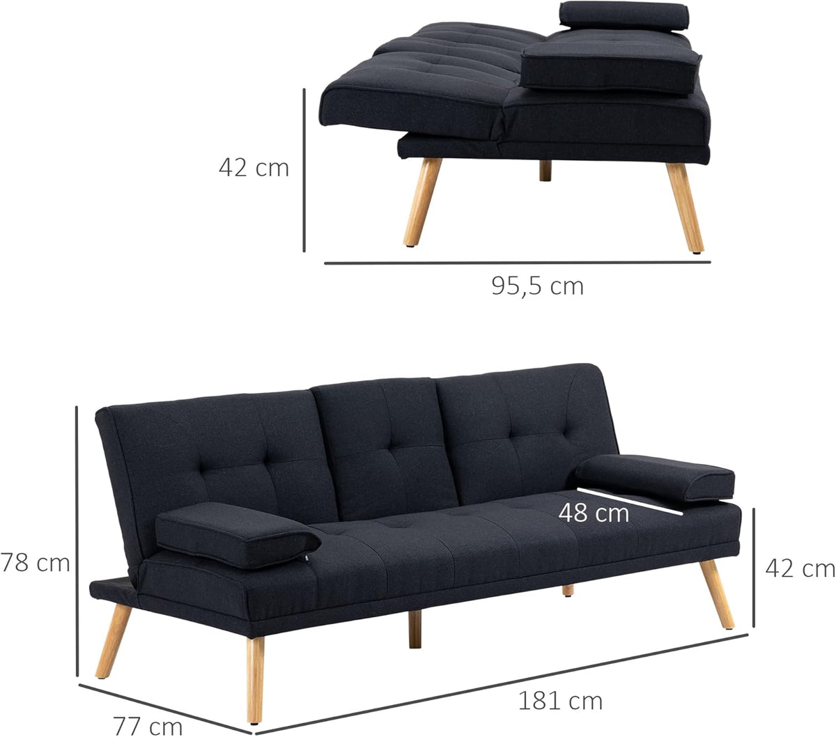 HOMCOM 3-Seater Convertible Sofa Scandinavian Design Tilt Adjustable Backrest 3 Levels Folding Central Backrest 2 Glass Holders Solid Wood Gray Linen