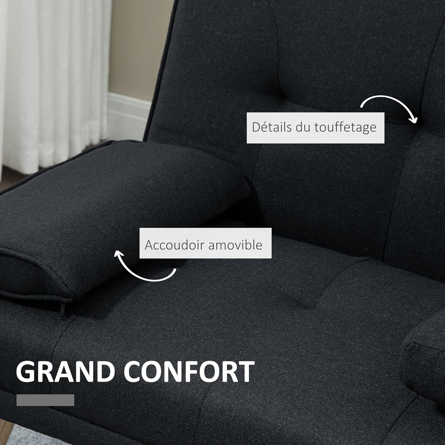 HOMCOM 3-Seater Convertible Sofa Scandinavian Design Tilt Adjustable Backrest 3 Levels Folding Central Backrest 2 Glass Holders Solid Wood Gray Linen