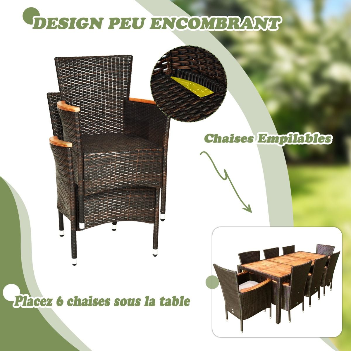 9 Piece Rattan Garden Furniture Set for 8 People Acacia Table Top Dining Room Set with Removable Cushions Load 160KG -