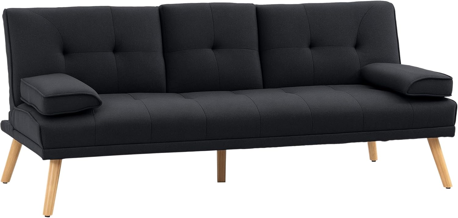HOMCOM 3-Seater Convertible Sofa Scandinavian Design Tilt Adjustable Backrest 3 Levels Folding Central Backrest 2 Glass Holders Solid Wood Gray Linen