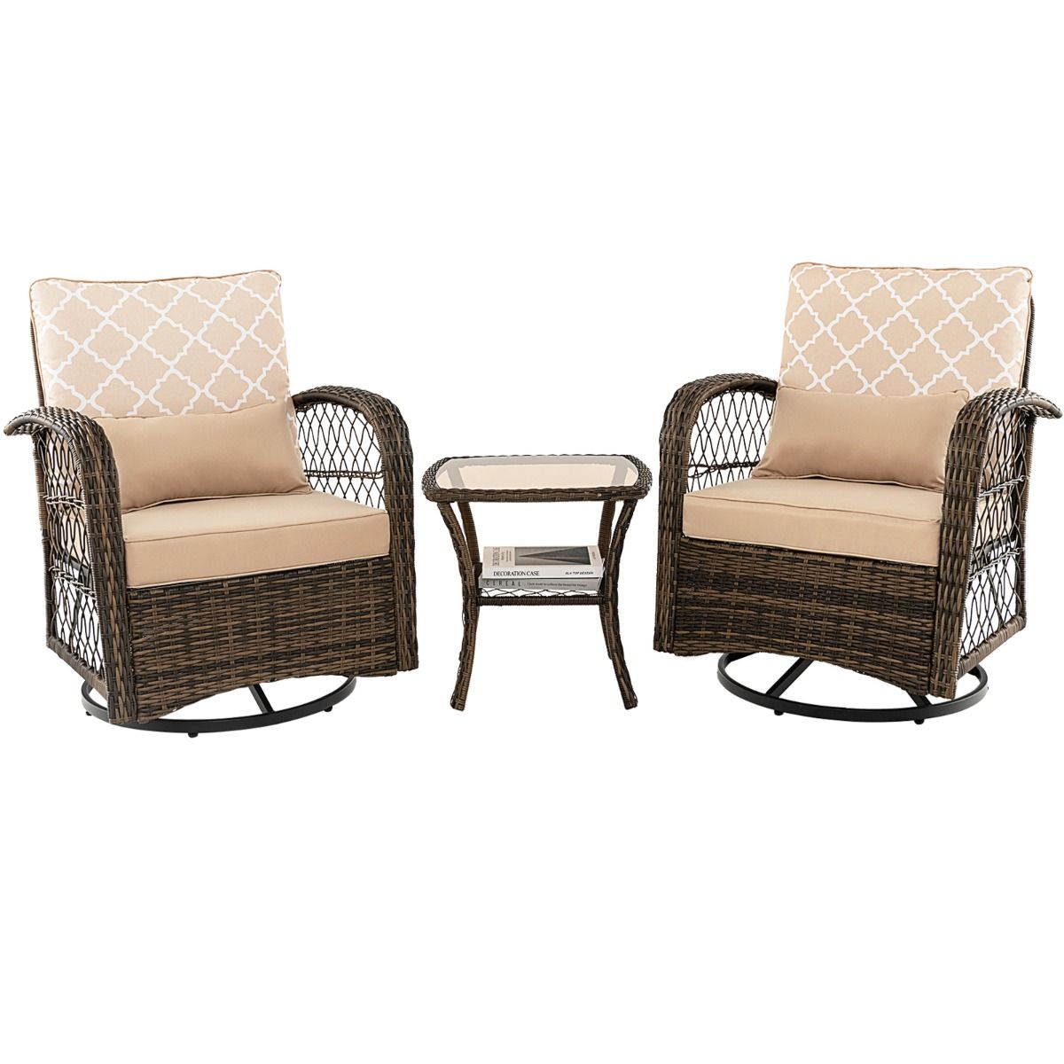 Outdoor Garden Furniture 3PCS - 2 in 360° Swivel Rocking Chairs PE Rattan Metal Frame for Terrace Balcony -