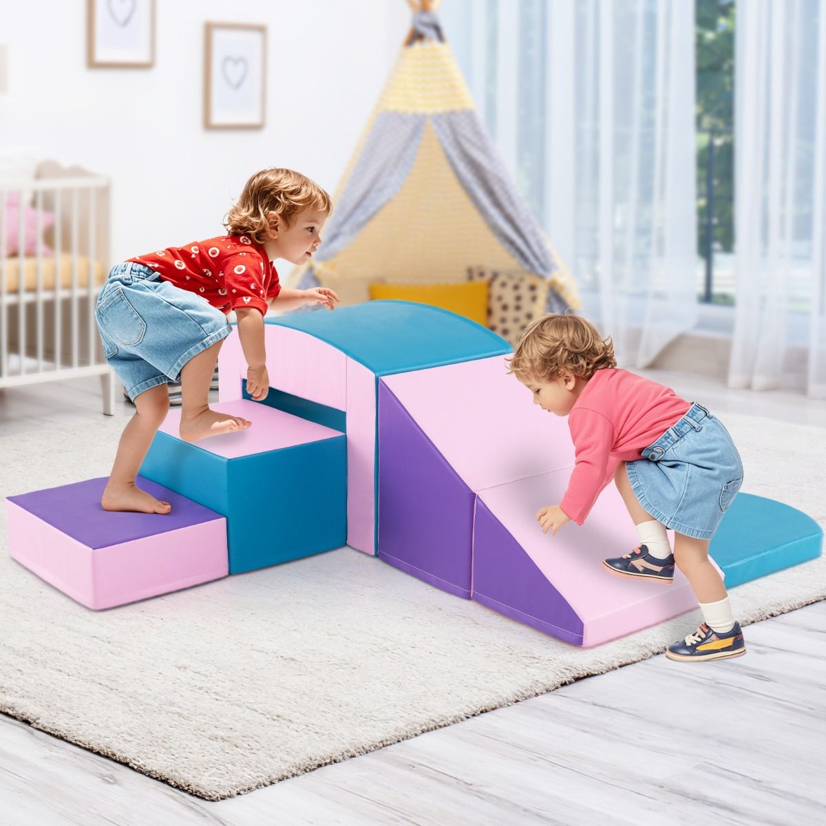 6 Foam Climbing Blocks Toddler Climbing Game Colorful Climbing Activity Game Tunnel Stairs and Ramp for 12+ Months Colorful/Blue/Purple -