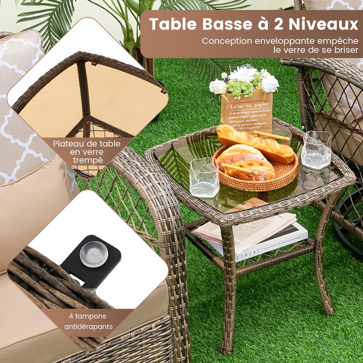 Outdoor Garden Furniture 3PCS - 2 in 360° Swivel Rocking Chairs PE Rattan Metal Frame for Terrace Balcony -
