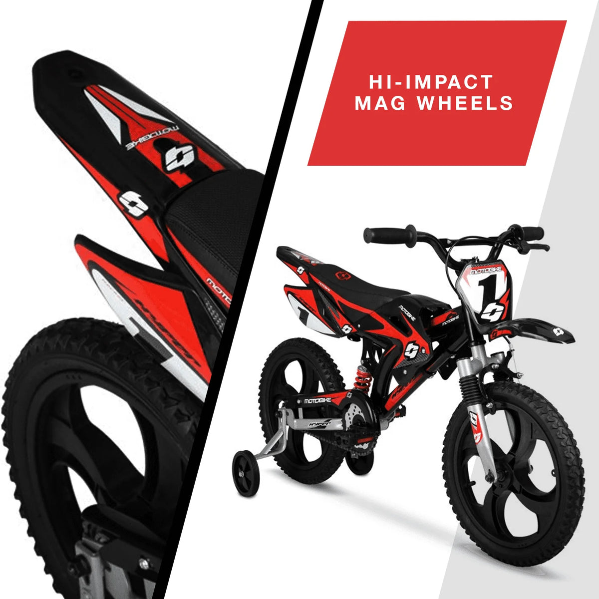Hyper Bicycles 16" Kids Motobike with Mag Wheels, Including Training Wheels, Black/Red - Product image 3