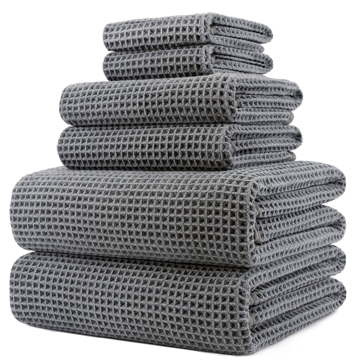POLYTE Oversize 60 x 30 in Quick Dry Lint Free Microfiber Bath Towel Set 6 Piece (Gray Waffle Weave) - Product image 1