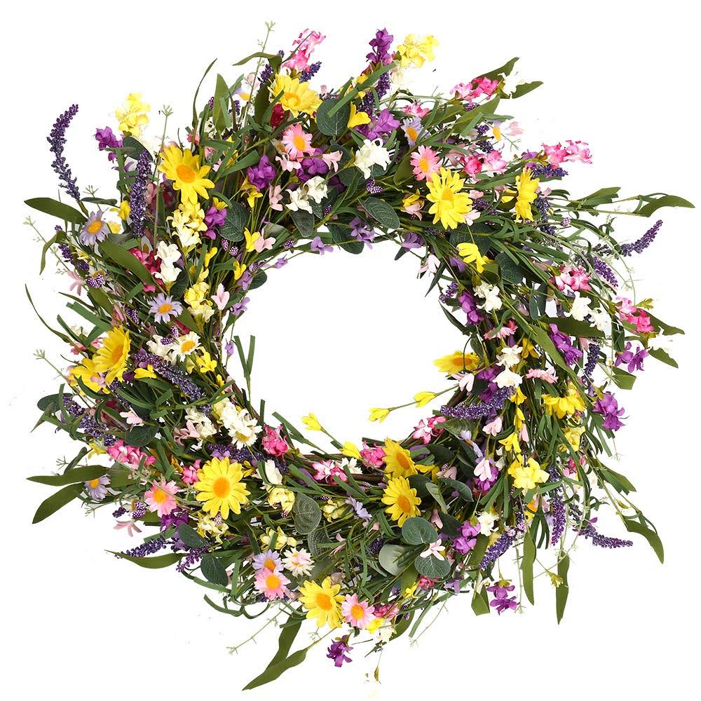 J'FLORU Decor Wreath, 24" Daisy and Lavender Wreath, Beautiful Artificial Spring and Summer Wreath Front - Product image 1