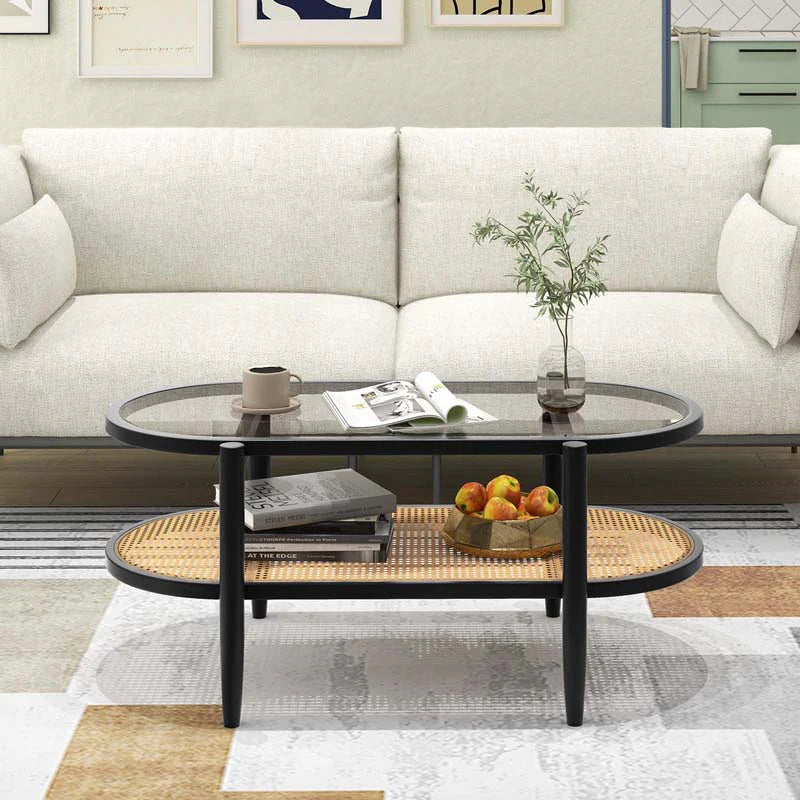 2-Tier Oval Boho Coffee Table with Tempered Glass Top, Rattan Shelf & Acacia Wood Frame - Product image 12