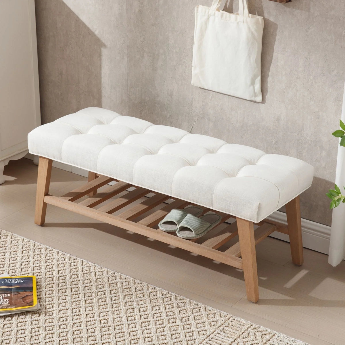 Dayalane Upholstered Storage Bench with Shoe Rack, Linen Fabric Entryway Bench for Living Room - Product image 13