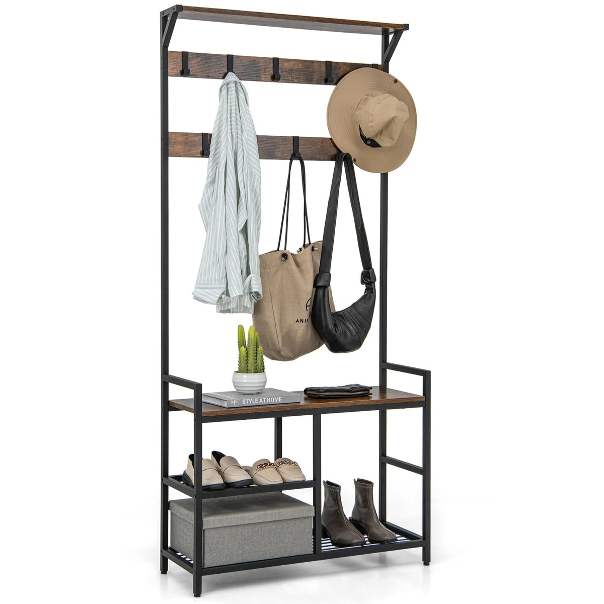 Tangkula Hall Tree with Bench and Shoe Storage, 3-in-1 Industrial Entryway Bench with Coat Rack - Product image 1